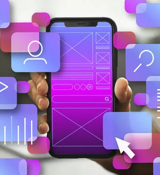 hand  holding a smart phone with icons around it